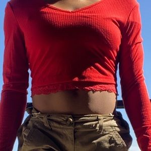 Cropped long sleeve lace top